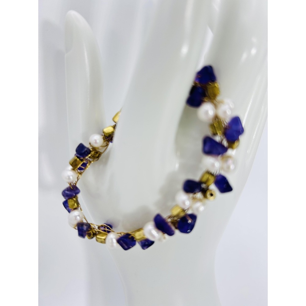 Handmade Genuine Amethyst & Freshwater Pearl Wire-Wrapped Bracelet Gold Tone Mag
